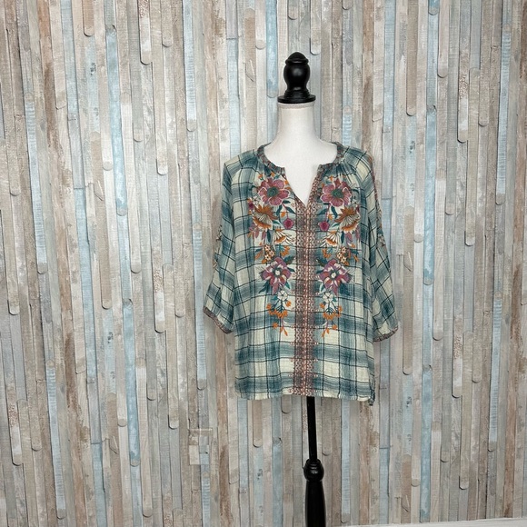 Johnny Was L Gauzy Teal Plaid Floral Embroidered Blouse Top Shirt Boho - Picture 2 of 11